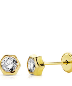 Pendientes oro hexágono circonita-4mm para mujer, niña o bebé. Oro 18K