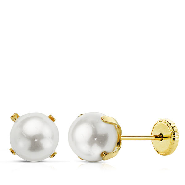 Pendientes perla con patillas 6mm para mujer, niña o bebé. Oro 18K