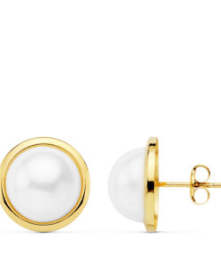 Pendientes de cierre perla sintética para mujer, oro 18k