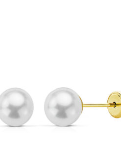 Pendientes perla 6mm para bebe niña o mujer, oro 18K
