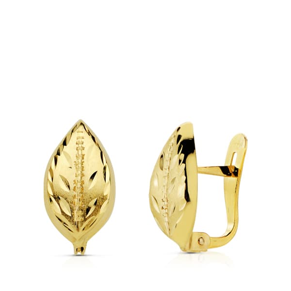 Pendientes de cierre hoja labrada para mujer, oro 18k - Imagen 2