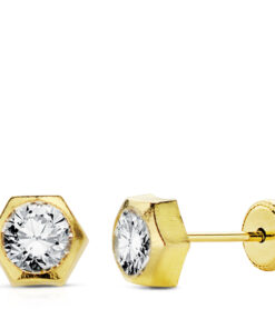 Pendiente hexágono circonita 6mm para mujer, niña o bebé, oro 18 kilates