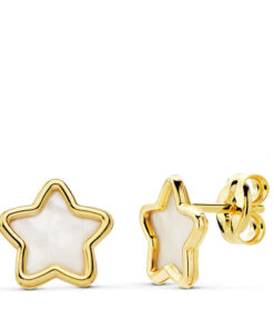 Pendientes estrella con nácar para mujer, niña o bebé, oro 18 kilates.