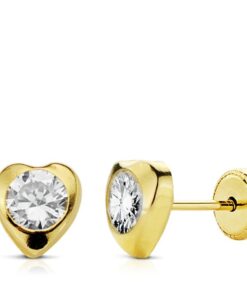 Pendientes corazón circonita para mujer, niña o bebé, oro 18 kilates.