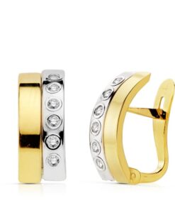 Pendientes de cierre bandas bicolor circonitas para mujer, oro 18k