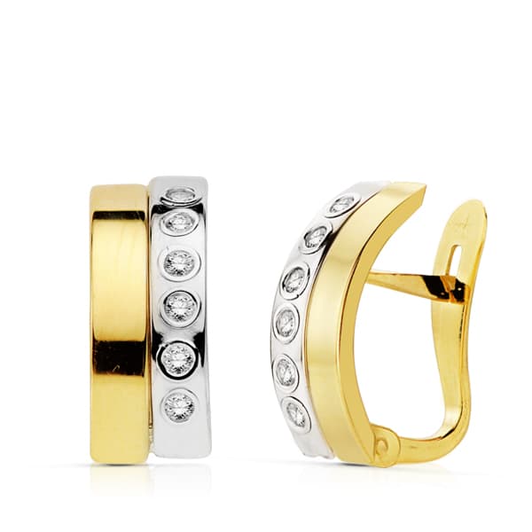 Pendientes de cierre bandas bicolor circonitas para mujer, oro 18k