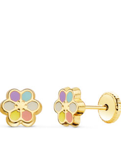 Pendientes bebé o niña flor colores, oro 18 kilates.