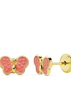 Pendientes mujer o niña mariposa rosa, oro 18 kilates.