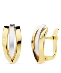 Pendientes de cierre bicolor lisos para mujer, oro 18k