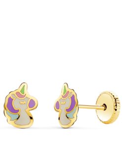 Pendientes bebé o niña unicornio, oro 18 kilates.