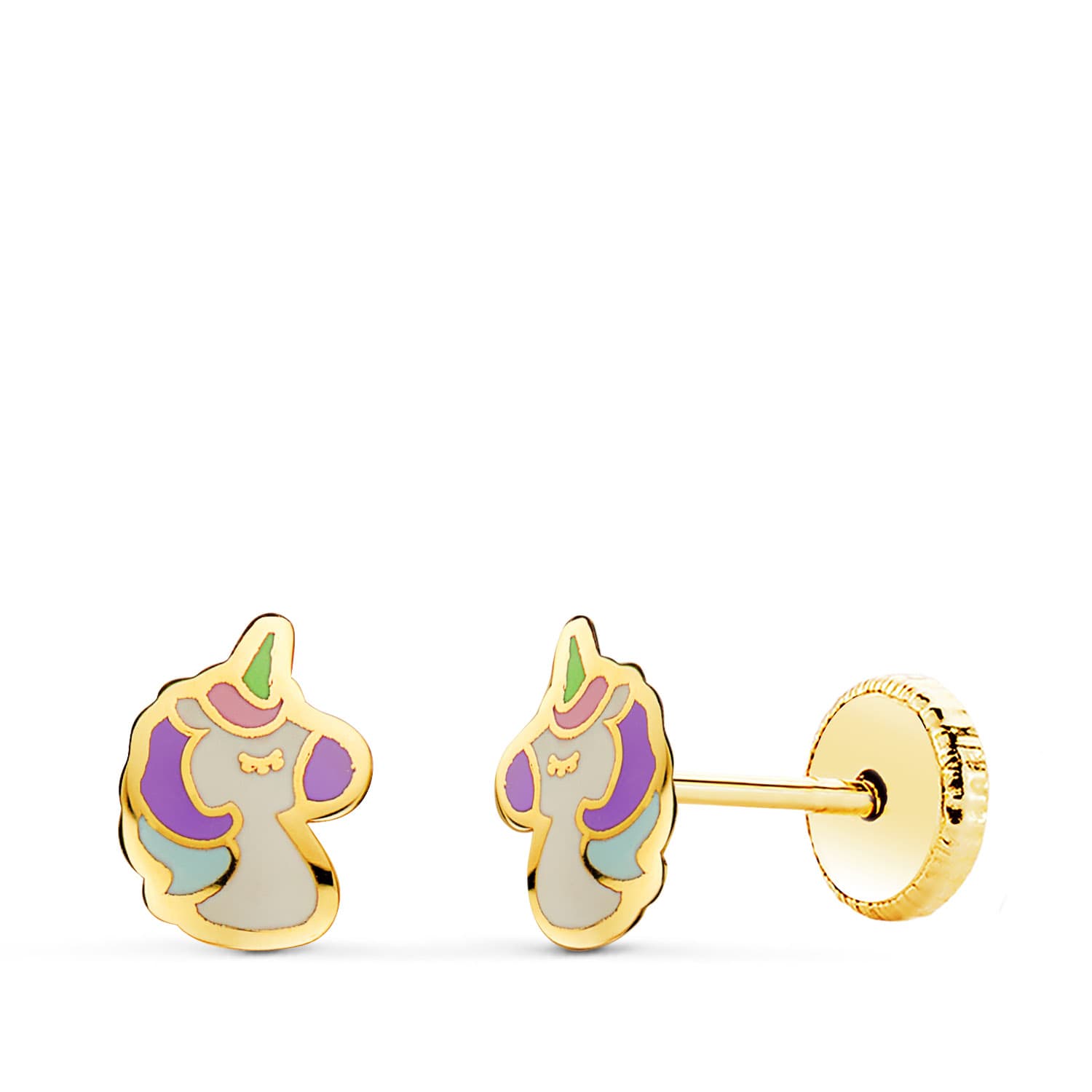 Pendientes bebé o niña unicornio, oro 18 kilates.
